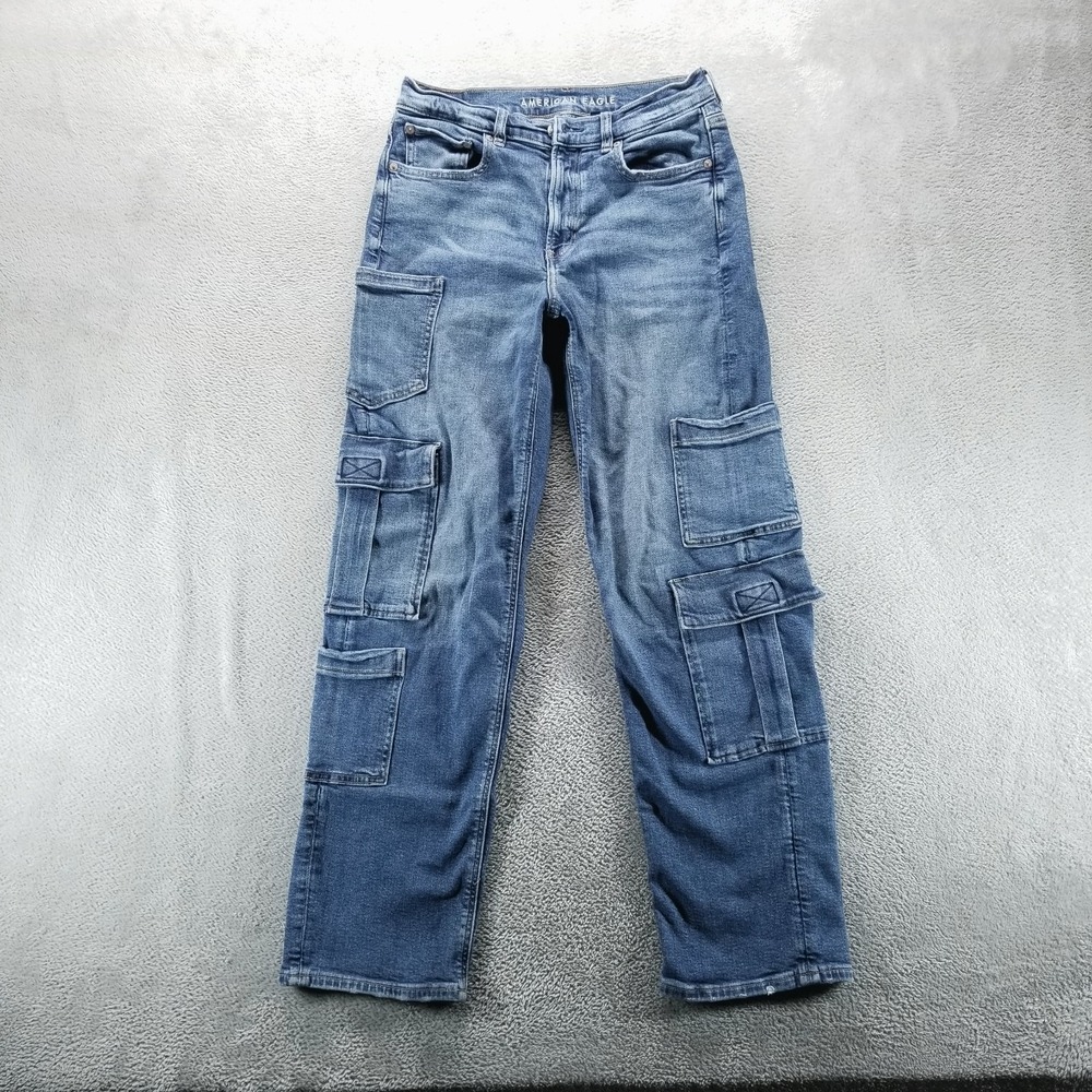 American Eagle Jeans Womens 6 Blue Cargo Baggy Straight Super High Rise